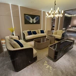 Beige Leather Sofa Set with Dark Natural Wood Veneer & Gold Stainless Steel Trim